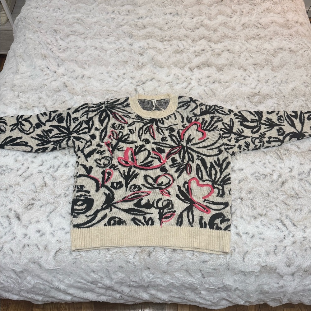 Anthropologie Floral Patterned Sweater - Black, Cream, and Pink - Picture 2 of 4